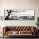 Quiet Lake Bench, Peaceful Reflection, Nature Photography, Framed Canvas Print, Serene Bedroom Decor, Minimalist Living Room Wall Art