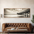 Pier at Dusk, Ocean Boardwalk, Stormy Beach Horizon, Framed Canvas Print, Moody Coastal Wall Art, Nautical Living Room Decor