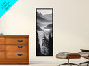 Foggy Mountains, Pine Forest, Valley Mist, Calm Landscape, Canvas Print, entryway wall art, cozy cabin vibes, grayscale art style
