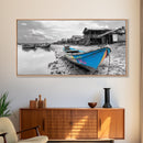Blue Boat, Shore Village, Coastal Charm, Framed Canvas Print, Rustic Fishing Art, Seaside Home Decor, Nautical Style, Ocean Wall Art