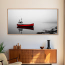 Red Boat, Calm Water, Minimalist Decor, Ocean Scene, Living Room Wall Art, Coastal Style, Canvas Print, Modern Nautical, Serene Landscape