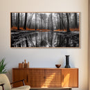 Reflected Forest, Orange Leaves, Tranquil River, Monochrome Fall, Canvas Print, Rustic Decor, Bedroom Wall Art, Woodland Scene