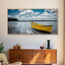 Yellow Rowboat, Calm Waters, Blue Sky, Sunny Lake – Framed Canvas Print, Summer Wall Art, Coastal Decor, Modern Nautical Style