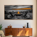 Fire Pit, Sunset Glow, Adirondack Chairs, Lake View, Framed Canvas Print, Fall Wall Art, Rustic Decor, Cozy Living Room Wall Accent