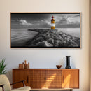 Yellow Lighthouse, Stone Jetty, Coastal Clouds, Nautical Scene, Framed Canvas Print, Coastal Wall Art, Office Decor, Lighthouse Photography