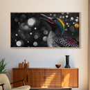 Singing Bird, Neon Plumage, Colorful Sparkle, Starry Night, Framed Canvas Print, Eclectic Art, Office Wall Art, Bright Animal Design