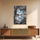 Blue Sky River, Tropical Trees, Natural Tranquility, Framed Canvas Print, Relaxing Bedroom Wall Art, Coastal Nature, Serene Landscape Decor