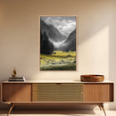 Yellow Meadow Valley, Foggy Mountain Scene, Serene Landscape Photography, Framed Canvas Print, Nature Lover Living Room Wall Art