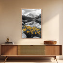 Yellow Wildflowers Lake, Alpine Meadow, Monochrome Landscape, Canvas Print, Kitchen Wall Art, Spring Nature Photography Decor