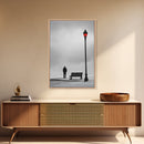 Red Street Lamp, Snowy Walkway, Silhouette Scene, Framed Canvas Print, Moody Wall Art, Minimalist Decor, Winter Vibes, Bedroom Accent