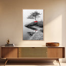 Red Bench, Misty Shore, Solitude Scene, Moody Fog Art, Framed Canvas Print, Minimalist Wall Art, Meditative Decor, Entryway Accent