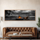 Campfire Chairs Lakeside, Cozy Autumn Vibes, Mountain Cabin View, Framed Canvas Print, Rustic Fall Wall Art, Living Room Fireplace Decor