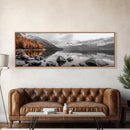 Autumn Lake Reflection, Serene Mountains, Warm Tones, Framed Canvas Print, Fall Home Decor, Rustic Landscape, Cabin Wall Art
