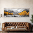 Golden Trees Trail, Snowy Peaks, Serene Landscape, Framed Canvas Print, Autumn Home Decor, Cozy Wall Art, Cabin Aesthetic