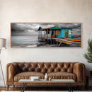 Rustic Shack, Ocean Pier, Stormy Skies, Tropical Retreat, Framed Canvas Print, Nautical Wall Art, Beach Cabin Decor, Lake House Style