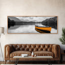 Golden Canoe, Lake Reflection, Tranquil Water, Adventure Scene, Canvas Print, Minimalist Wall Art, Bedroom Landscape, Cabin Decor
