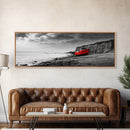 Red Boat, Rocky Shore, Dramatic Sky, Abandoned Vessel, Framed Canvas Print, Nautical Living Room Art, Moody Coastal Home Decor