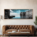 Serene Cove, Cliff Reflections, Blue Water, Coastal Escape, Framed Canvas Print, Tranquil Ocean Art, Bathroom or Spa Wall Decor