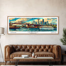 Seattle Washington Panoramic Painting, Mid Century Modern Framed Canvas Print, Retro Style Wall Art, Pop Art Travel Poster