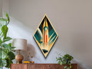 Art Deco Rocketship Diamond Shaped Canvas Embossed Print, Retro Space Travel Wall Art, Vintage Sci-Fi Rocket Launch Artwork