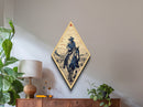 Outlaw Rider in Desert Diamond Shaped Canvas Embossed Print — Retro Western Cowboy Landscape Art Wild West Country Wall Decor