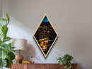 City Lights Whiskey – Diamond Shaped Canvas Embossed Print Nightlife Bar Art, Modern Whiskey Glass Wall Decor, Urban Evening Cocktail Vibe