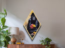 Jungle Guardian Stare Diamond Shaped Gorilla Holding Flowers Canvas Embossed Print Nature Wildlife Decor Office Eclectic Wall Art
