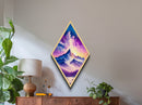 Stellar Mountain Majesty – Diamond Shaped Cosmic Landscape Wall Canvas Art Print with Purple Galaxy Sky and Snowy Peaks