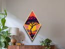 Retro Tree Horizon – Diamond Shaped Sunset Silhouette Canvas Embossed Print with Bold Colors and Stylized Nature Illustration