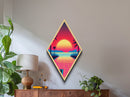 Synthwave Sundown – Diamond Shaped Vaporwave Sunset Landscape Canvas Art Print with Neon Ocean Grid and Retro 80s Aesthetic
