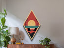 Sunset Lounge Scene – Diamond Shaped Coastal Chairs Silhouette Canvas Embossed Print with Retro Beach Sunset and Palm Views