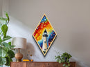 Vivid Beacon Blaze Diamond Shaped Canvas Textured Print, Colorful Lighthouse Coastal Wall Art, Nautical Sunset Abstract Decor