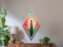 Prism Glow Lighthouse Diamond Shaped Canvas Embossed Print, Geometric Pastel Coastal Art, Modern Rainbow Nautical Scene
