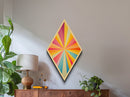 Radiant Color Burst – Diamond Shaped Canvas Textured Print, modern geometric wall art, vibrant retro pop style, midcentury home decor