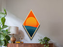 Sunset Radiance Horizon Diamond Shaped Canvas Textured Print with bold orange sun minimalist landscape warm earth tones geometric wall decor