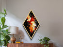 Inferno Flight Phoenix Diamond Shaped Canvas Textured Print, Red Fire Bird Wall Art, Bold Mythical Creature Modern Painting