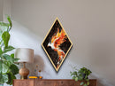 Firebird Soaring Burst Diamond Shaped Canvas Art Print, Fiery Phoenix Painting, Mystical Wall Decor in Black and Orange