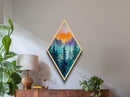 Misty Forest Sunset Diamond Shaped Canvas Textured Print, Vibrant Landscape Art, Nature Woods Twilight Wall Painting