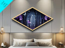 Enchanted Forest Glow – Diamond Shaped Canvas Art Print with glowing butterflies, dreamy purple woodland, fantasy wall decor, nightscape art