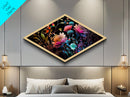 Midnight Florals Bloom – Diamond Shaped Canvas Art Print with watercolor bouquet, vivid dark florals, moody botanical modern floral wall art