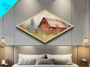 Rustic Barn Mist Diamond Shaped Canvas Art Print, Country Farmhouse Decor, Watercolor Barn Wall Art, Cozy Cabin Living Room Piece