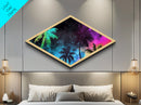 Neon Tropics Sky Diamond Shaped Canvas Embossed Print, Palm Tree Galaxy Art, Colorful Tropical Decor, Teen Room Wall Accent