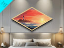 Diamond Shaped Sunset Coastline – Canvas Textured Print with Lighthouse Wall Art, Beach House Decor, Nautical Ocean Scene, Summer Gift