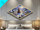 Magic Tree Lane Diamond Shaped Canvas Art Print snowy Christmas town glowing lights holiday gift home wall decor winter wonderland