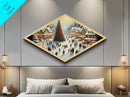 Village Tree Fest Diamond Shaped Canvas Embossed Print charming Christmas town nostalgic seasonal decor snowy wall art living room