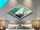 Serene Sailing Calm Diamond Shaped Canvas Textured Print illustrated boat over green sea minimalist marine design tranquil beach house vibe
