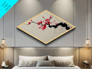 Crimson Blossom Flow Diamond Shaped Canvas Art Print Cherry Tree Japanese Ink Painting Nature Wall Decor Office or Bedroom Accent Piece
