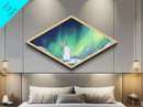 Northern Lights Bunny - Diamond Shaped Canvas Art Print Aurora Night Sky Nursery Animal Decor Cute Minimalist Gift Bedroom Accent