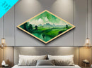 Verdant Horizon Diamond Shaped Landscape Wall Art Canvas Embossed Print Green Mountain Nature Illustration Pastoral Home Decor Accent