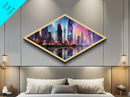 Neon Skyline Dreams Diamond Shaped Canvas Textured Print futuristic cyberpunk cityscape urban skyline glowing night downtown wall art